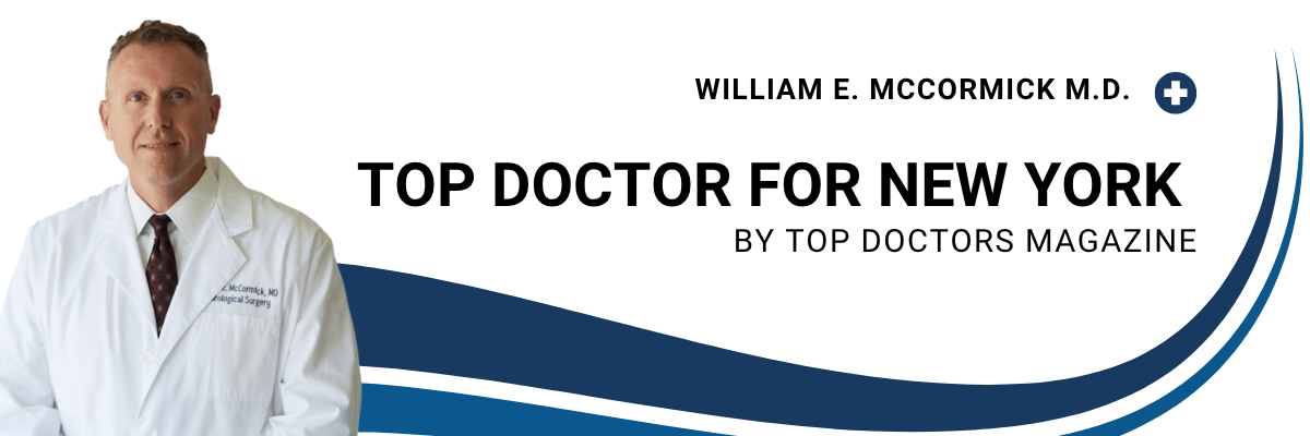 A distinguished physician in a white medical coat is positioned beside text stating, "William E. McCormick, M.D. — Recognized as a Top Doctor for New York by Top Doctors Magazine," set against a professional white and blue backdrop.