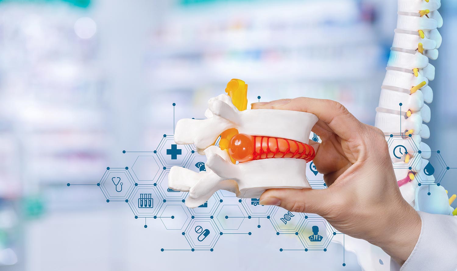 Within the confines of the neurosurgical office, a distinguished specialist in neurosurgery is meticulously observing a three-dimensional representation of the human vertebral column.